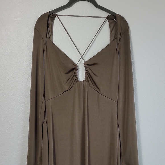 Jason Wu Engracia Plunge Long Sleeve Midi Dress Size L Tan Formal Low Back Bodyc - Picture 3 of 16